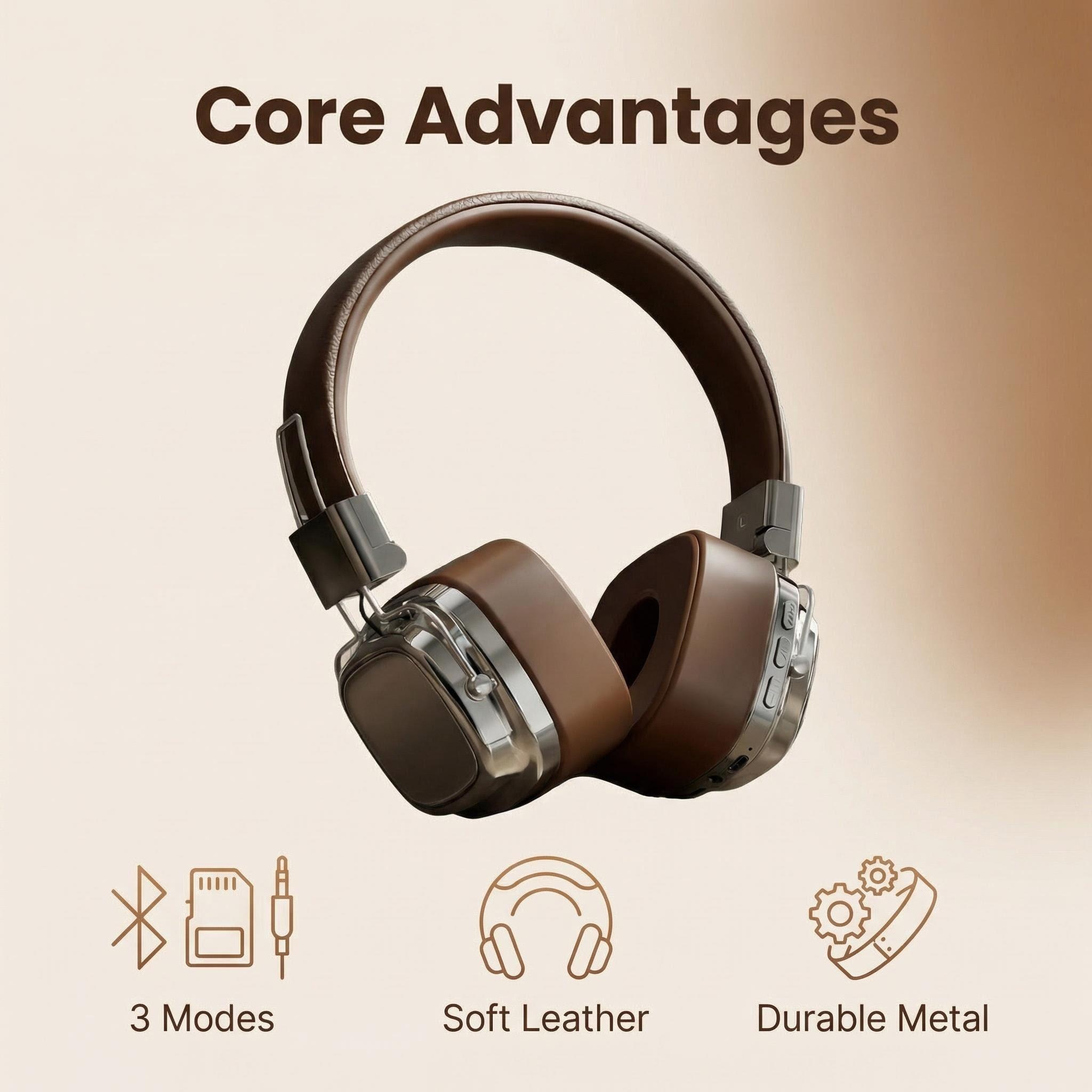 Retro Gaming Headset - Retro Leather Over-ear Headphones Wireless Bluetooth